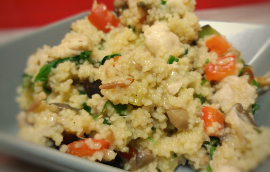 Couscous with Nutrave chicken thighs and flap mushrooms